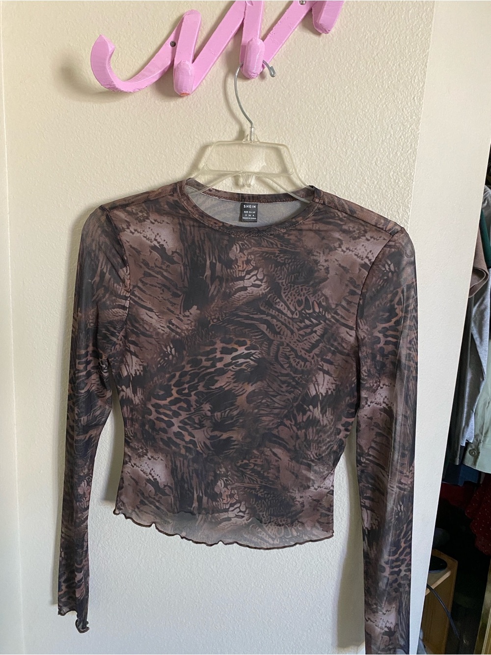 Animal Print Long-Sleeve Mesh Top